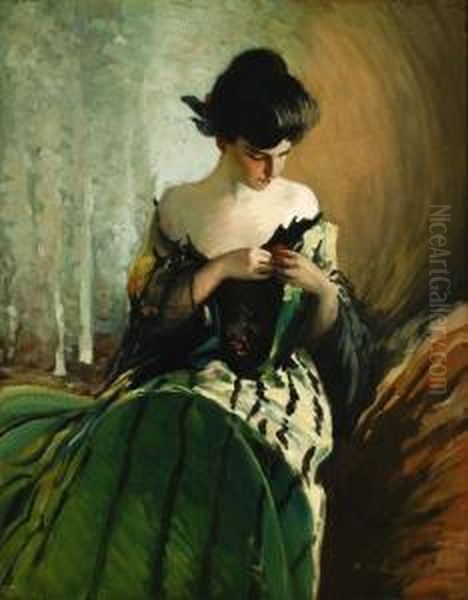 Woman Tending To Her Dress Oil Painting by Sidney Saunders