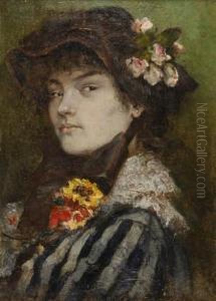 Jeune Femme Aux Fleurs Oil Painting by Octave Alfred Saunier