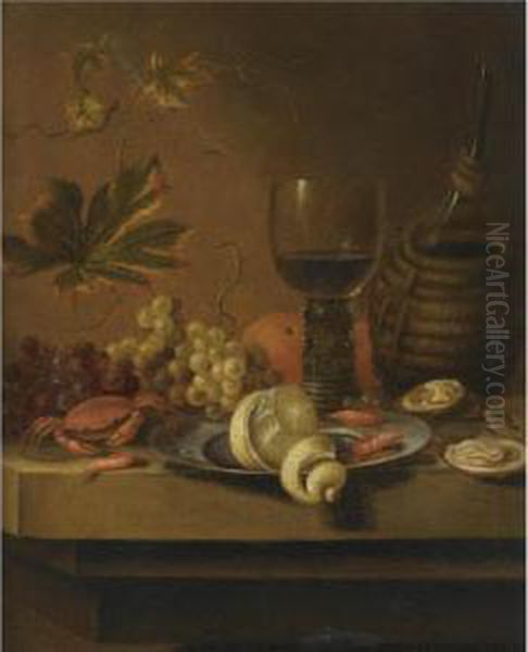 A Still Life With A Peeled Lemon On Pewter Plate With Oranges, Prawns, Oysters, A Crab Oil Painting by Dirk Sauts