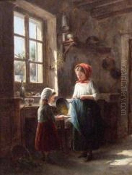 Petites Filles Dans La Cuisine. Oil Painting by Philippe Francois Sauvage