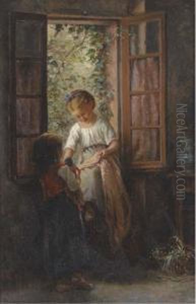 Playmates At The Kitchen Window Oil Painting by Philippe Francois Sauvage