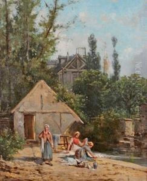 Les Lavandieres Pres Du Moulin Oil Painting by Charles Sauvageot