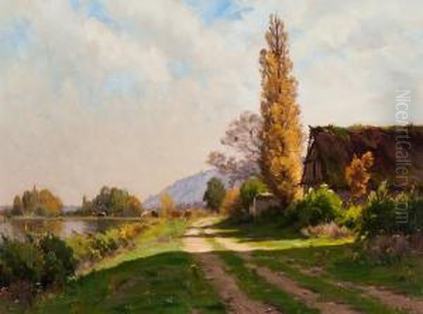 Path Along The Water's Edge Oil Painting by Adrien Jacques Sauzay