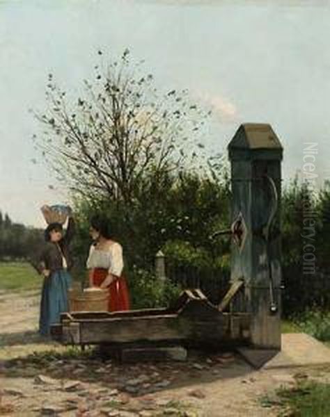 Zwei Wascherinnen Am Brunnen Oil Painting by Adrien Jacques Sauzay