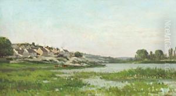 Village Pres De L'etang Oil Painting by Adrien Jacques Sauzay