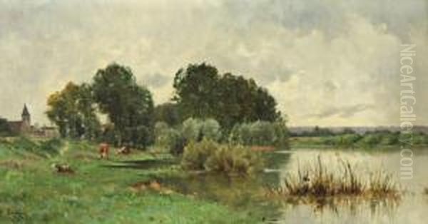 Vaches Pres De La Riviere Oil Painting by Adrien Jacques Sauzay