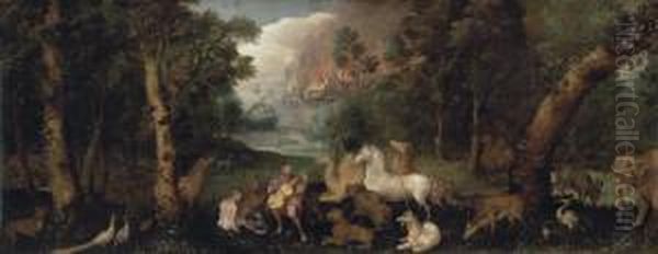 Orpheus Charming The Animals Oil Painting by Tobias van Haecht (see Verhaecht)