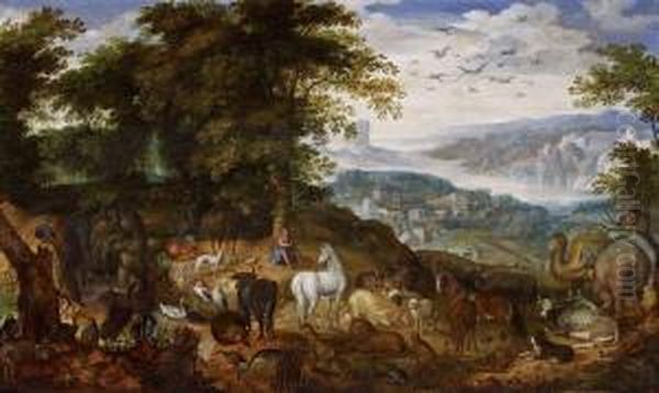 Orpheus Bezaubert Baume Und Tiere Mit Seinem Leierspiel Oil Painting by Tobias van Haecht (see Verhaecht)