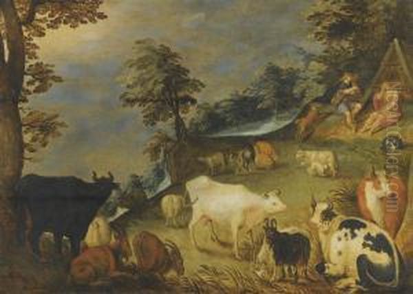 Landscape With Animals Oil Painting by Tobias van Haecht (see Verhaecht)