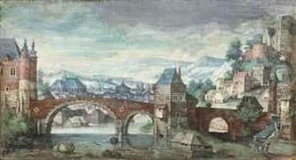 View Of A Town In A Mountainous Landscape, With A Bridge In Theforeground Oil Painting by Tobias van Haecht (see Verhaecht)