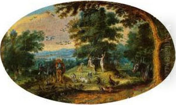 Paradieslandschaft Mit Sundenfall Oil Painting by Tobias van Haecht (see Verhaecht)