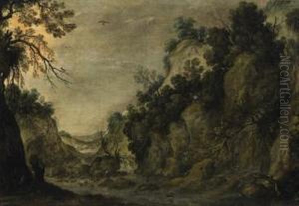 Mountainous Landscape Oil Painting by Tobias van Haecht (see Verhaecht)