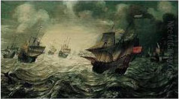 A Sea-piece, With Dutch Men-o'-war Offshore In Stormy Weather Oil Painting by Jan, Hans Ii Savery