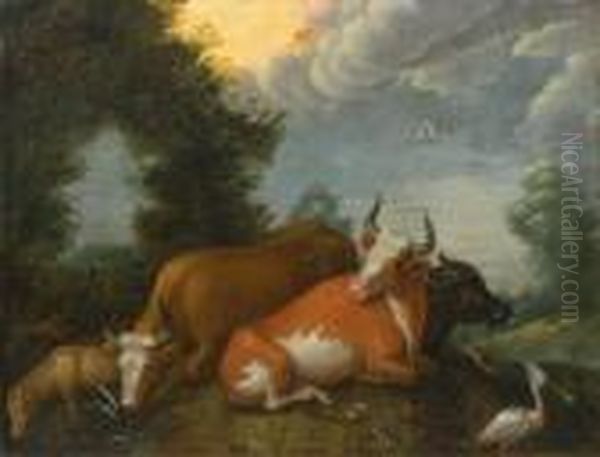 Cows, Frogs And Birds In A Landscape Oil Painting by Roelandt Jacobsz Savery