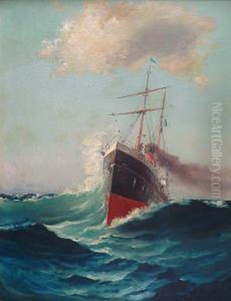 Steamer En Haute Mer Oil Painting by Paul Savigny