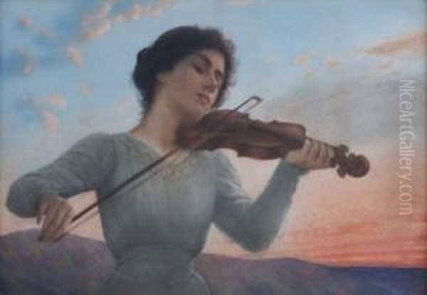 Young Woman Playing A Violin Oil Painting by Alfonso Savini