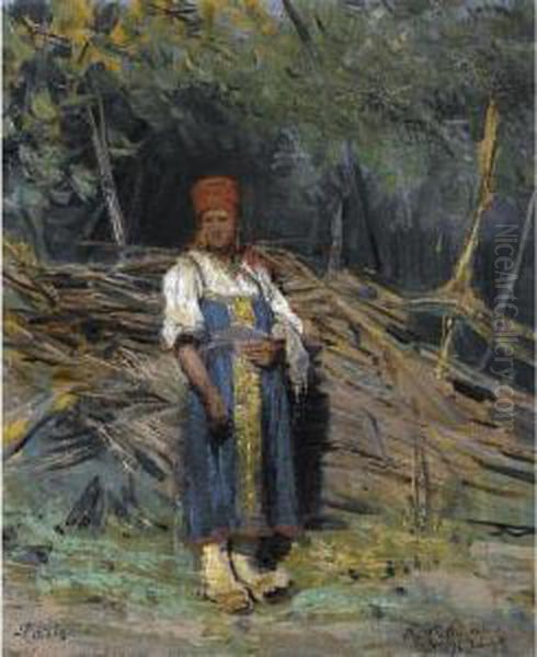 Peasant Girl In A Forest Oil Painting by Konstantin Apollonovich Savitskii