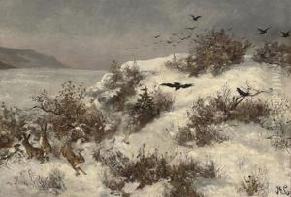 Winter Landscape With Hares Oil Painting by Alexei Kondratyevich Savrasov