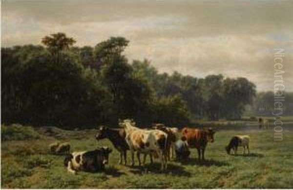 A Peasant With Cattle In A Sunlit Meadow by Hendrik Savrij