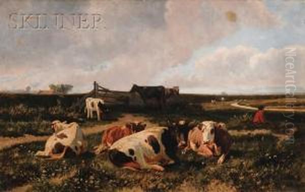 Cows At Rest In A Landscape Oil Painting by Hendrik Savrij