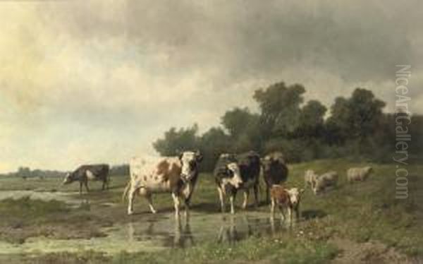 Cattle In The Meadow Oil Painting by Hendrik Savrij