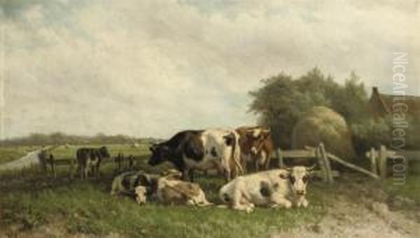 Cows In A Polder Landscape Oil Painting by Henri M. Savry