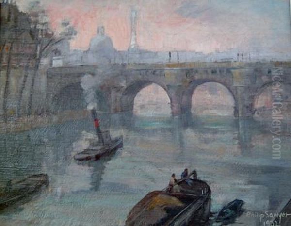 The Famous Pont Neuf Of Paris Looking Towards Eifel Tower Oil Painting by Philip Ayer Sawyer