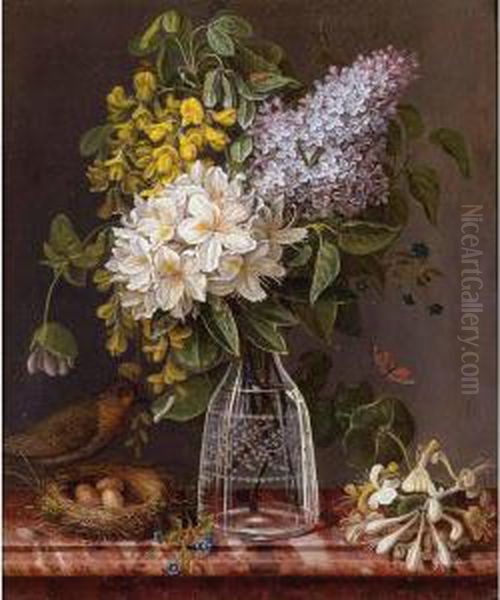 Still Life Of Lilacs And Other Flowers In A Glass Vase, Sprigs Of Honeysuckles, And A Bird Perched On A Nest, All Resting On A Marble Ledge Oil Painting by Theodore Jozef Sax