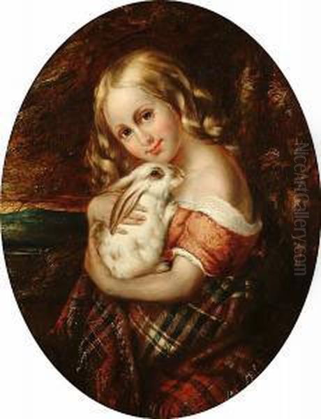 Portrait Of A Young Girl Holding A Rabbit Oil Painting by Reuben T.W. Sayers