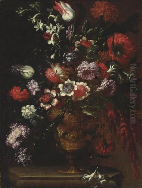 Roses, Carnations, Tulips, Poppies And Other Flowers In An Urn On A Ledge Oil Painting by Andrea Scaccati