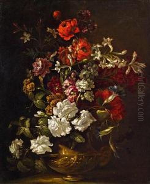 Blumenstrauss In Einer Verzierten Metallvase Oil Painting by Andrea Scaccati