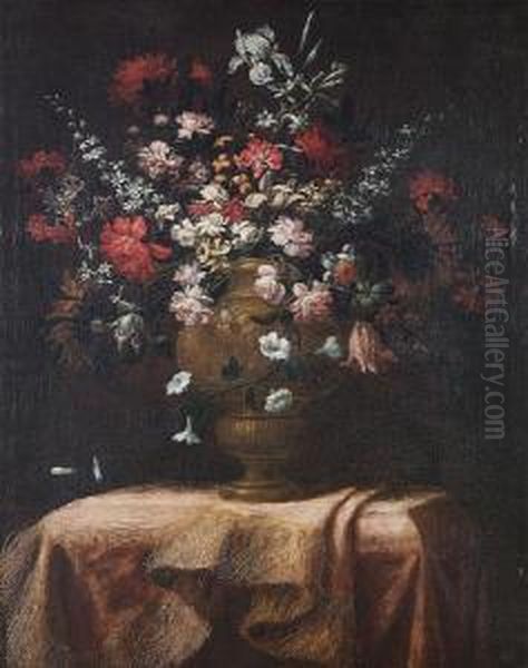 An Urn Of Flowers On A Fringed Shawl Oil Painting by Andrea Scaccati