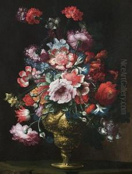 A Still Life Of Roses, Peonies, Carnations,convolvulus And Other Flowers In A Gold Vase On A Stone Ledge Oil Painting by Andrea Scaccati