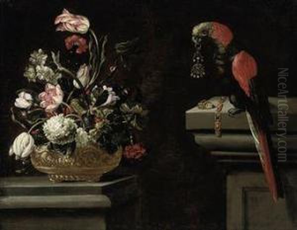 Parrot Tulips, Hydrangeas, Carnations And Other Flowers In An Urnwith A Parrot Holding An Earring In Its Beak On A Ledge Oil Painting by Andrea Scaccati