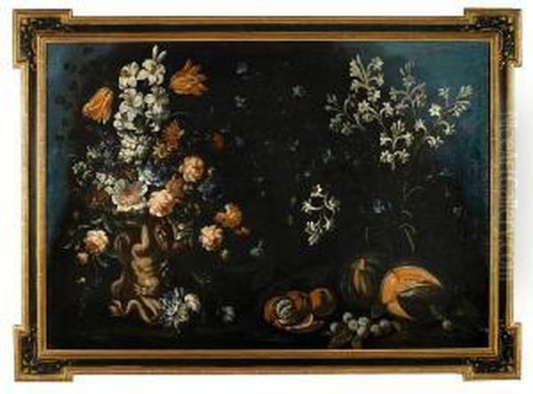 A Still Life Of Flowers And Fruit Oil Painting by Andrea Ii Scacciati