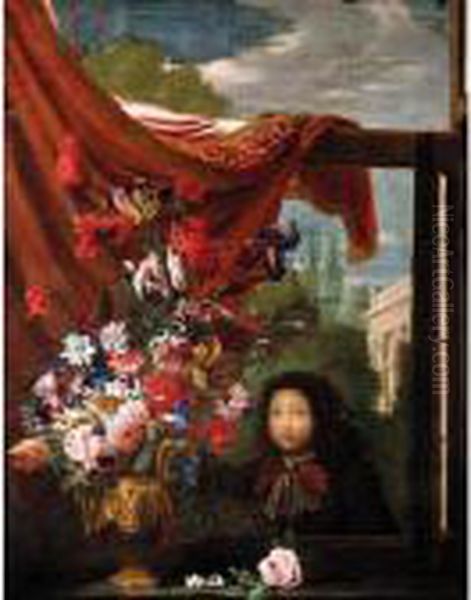 A Still Life Of Flowers In A Vase Resting On A Ledge, A Boy And A Garden Behind Oil Painting by Andrea Ii Scacciati