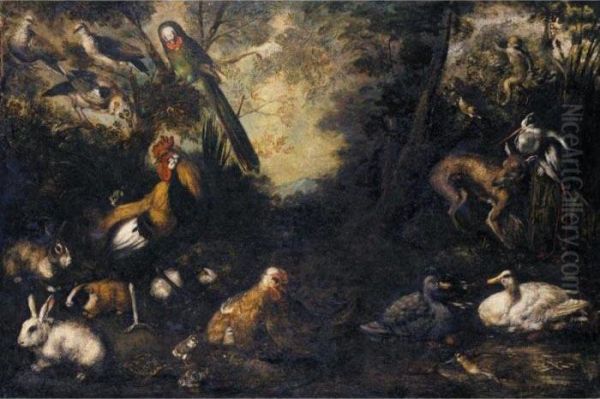 A Woodland Clearing With Ducks, A Fox, Rabbits, A Tortoise, Monkeys, A Parrot, Heron, Jay And Other Birds Oil Painting by Andrea Ii Scacciati