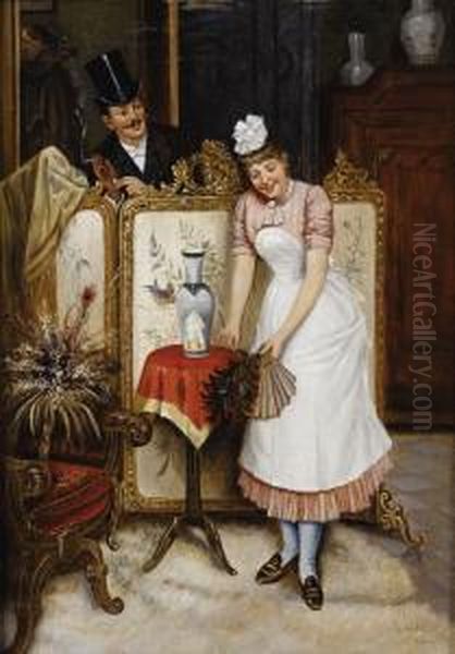 The Flirt, Interior Scene Oil Painting by Luigi Scaffai