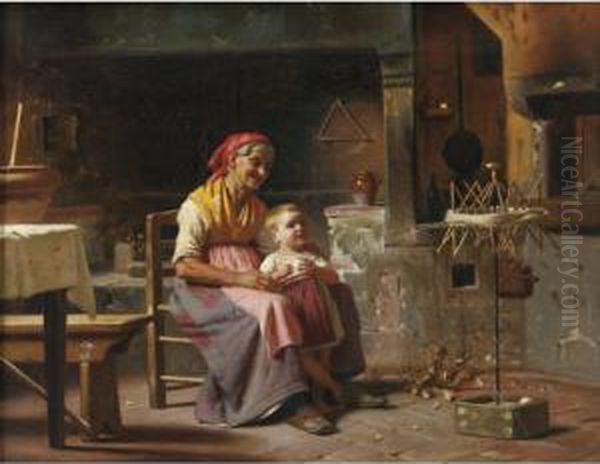 Helping Grandmother Oil Painting by Luigi Scaffai