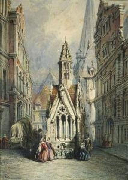 Brunnenhaus In Belebter Altstadtgasse Oil Painting by Thomas Scandrett