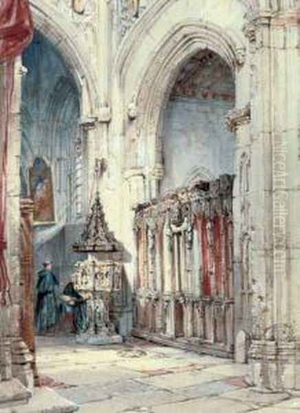 Eccleciastical Figures In A Cathedral Interior Oil Painting by Thomas Scandrett