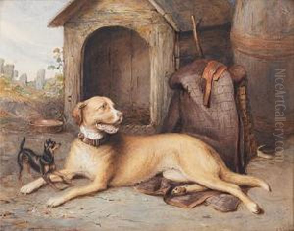 A Mastiff And Miniature Pinscher Before Akennel Oil Painting by Robert Richard Scanlan