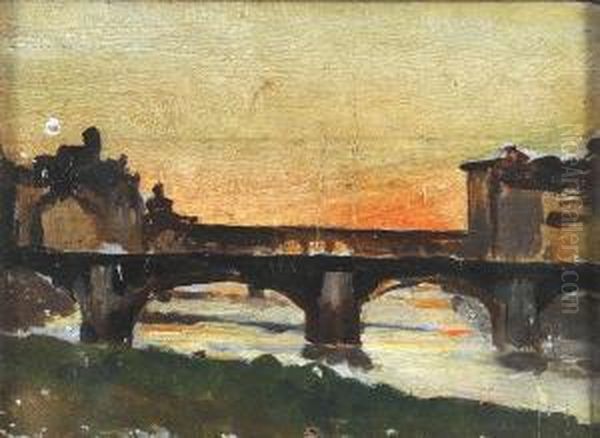 Lungo L'arno Oil Painting by Adolfo Scarselli