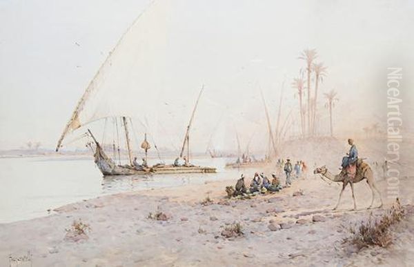 Ruins At Luxor; Feluccas On The Nile Oil Painting by Spyridon Scarvelli