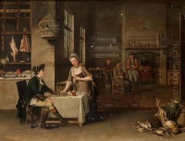 A Tavern Interior With A Gentleman Beingserved Dinner By A Maid In The Foreground, An Army Officer Andother Figures In A Kitchen Beyond Oil Painting by John S.C. Schaak