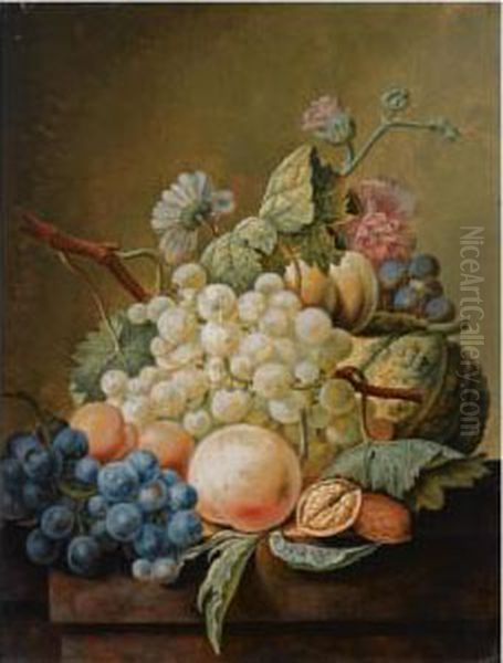 A Still Life With White And Blue Grapes, Peaches, A Pumpkin And A Walnut, All On A Wooden Ledge Oil Painting by Cornelis Johannes Schaalje