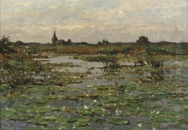 Kortenhoefsche Plassen: Water-lilies Near Kortenhoef Oil Painting by Egbert Rubertus Derk Schaap