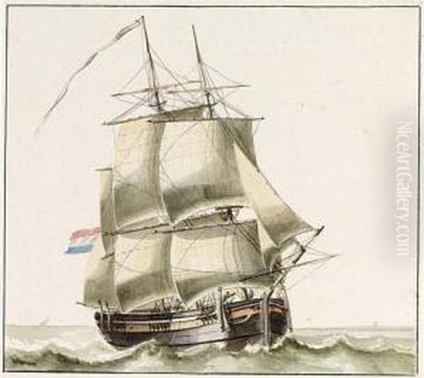 Two Studies Of A Three Mast 'pinkschip', One At Anchor And One Before The Wind Oil Painting by Wijbrand Schaap