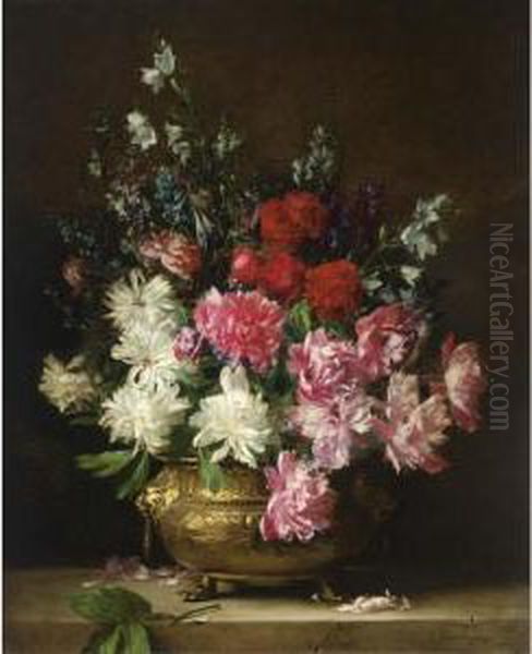 A Flower Still Life With Peonies, Bell-flowers, Aconites And Delphinium Oil Painting by Gabriel Schachinger