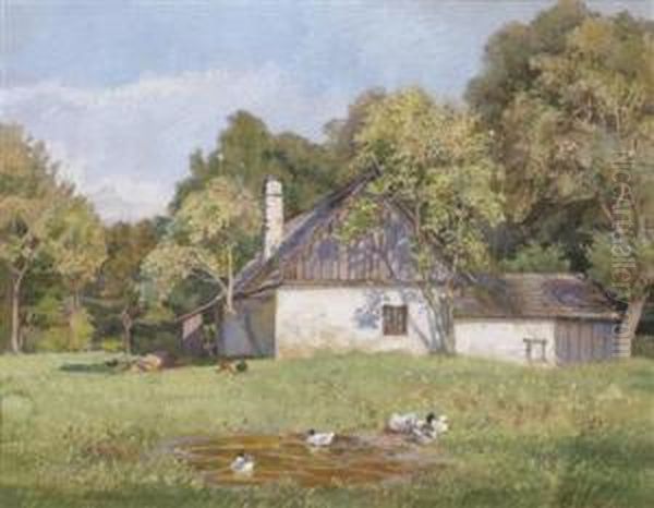 A Farmhouse At The Edge Of A Wood Oil Painting by Therese Schachner